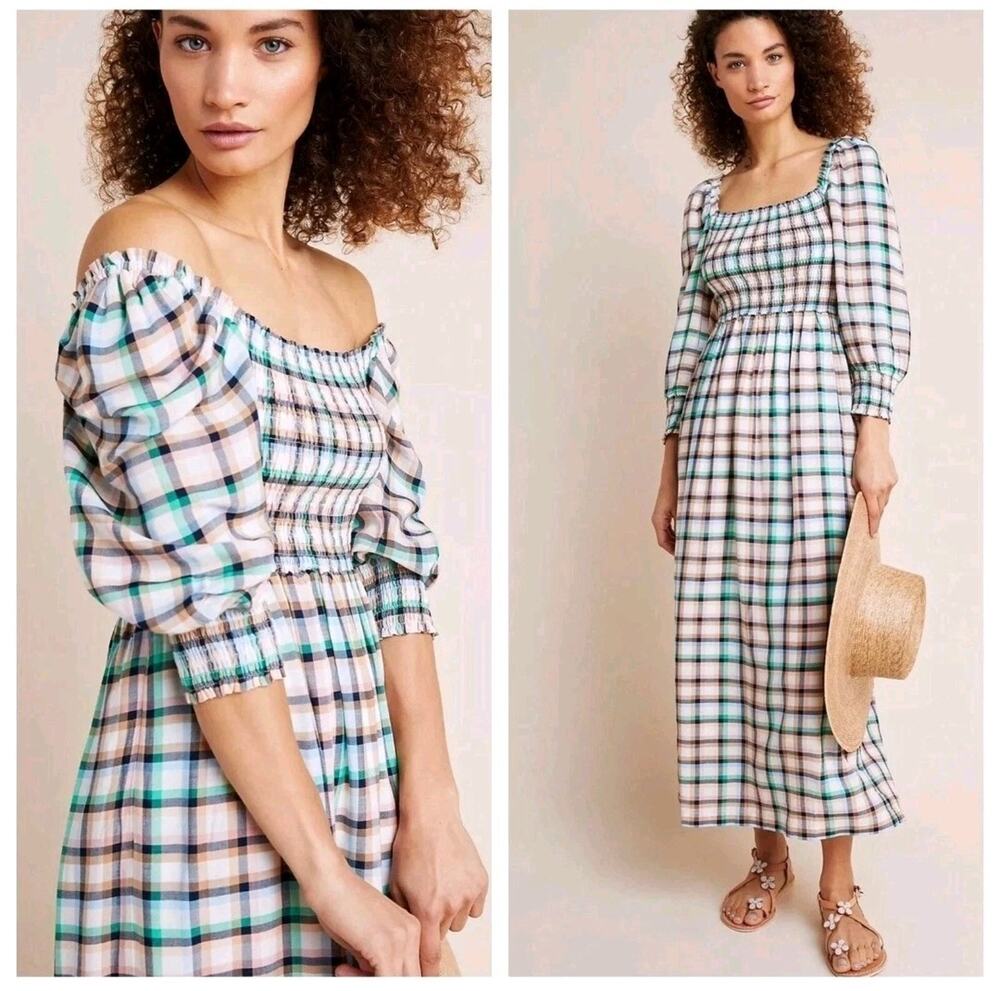Maeve Cerie Smocked Plaid Maxi Dress XS Anthropologie Cottagecore Prairie